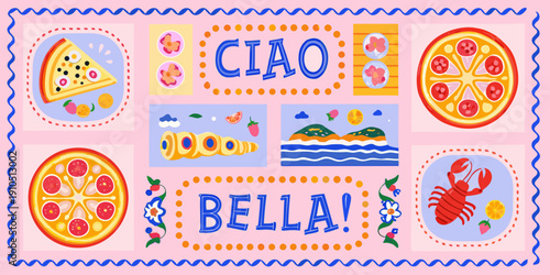 A colorful illustration featuring italian food a beach and seaside creatures