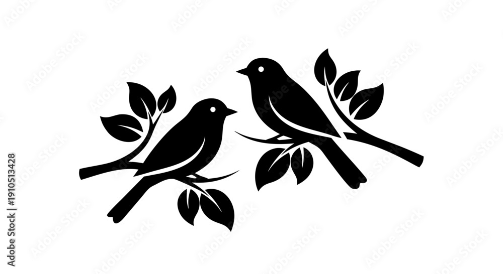 Fototapeta premium Cute cartoon vector illustration of a bullfinch bird with black wings and a sharp beak perched on a tree branch with green leaves and spring flowers in a flat nature art design