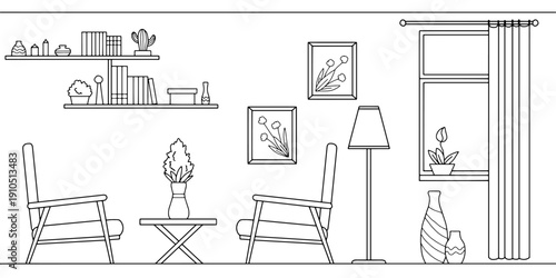Living room graphic black white interior sketch illustration vector 