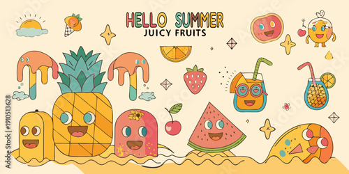 Colorful illustration of happy cartoon fruits with a summer theme