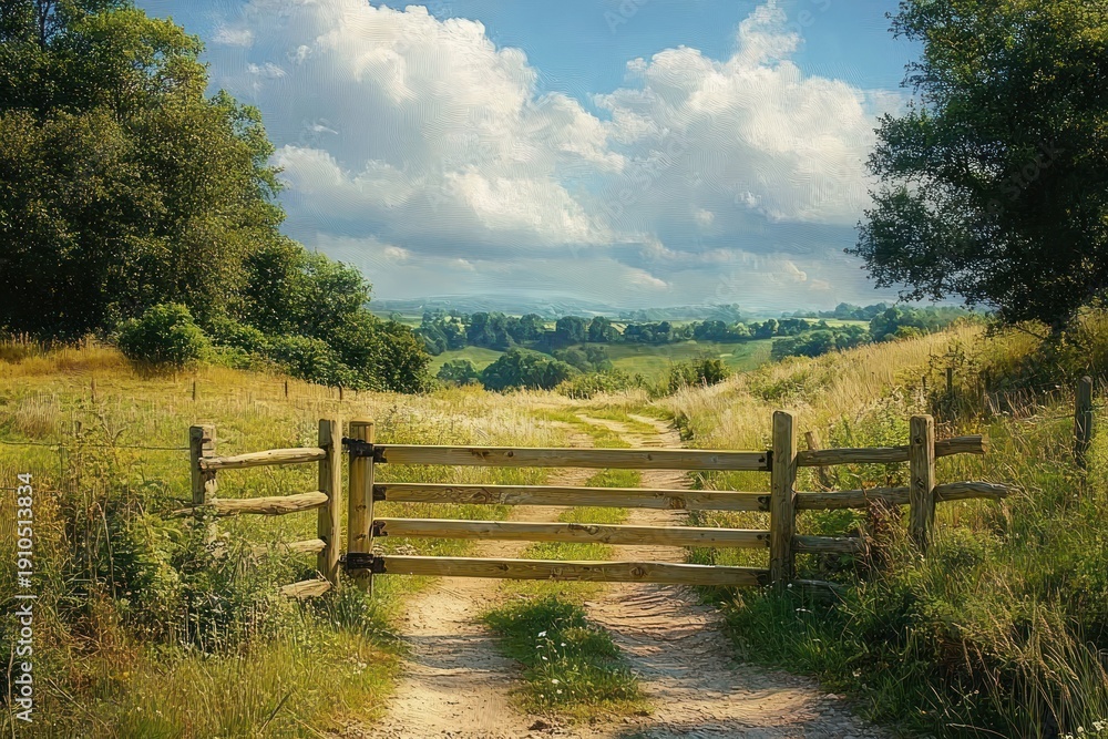 Fototapeta premium sunlit wooden gate across a dirt country path framed by tall grasses and trees, leading to rolling green hills under a blue sky with fluffy clouds, peaceful and inviting