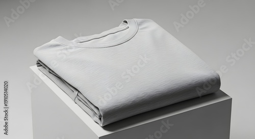 Neatly folded light grey t-shirt on a white block, showcasing soft fabric and minimalist style for product display