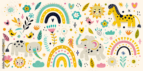 Whimsical illustration featuring colorful rainbows animals and botanical elements