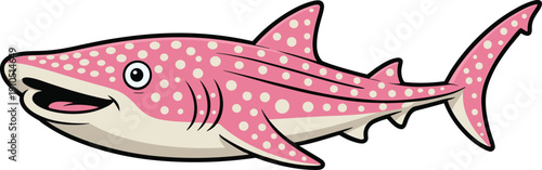 Cute cartoon whale shark illustration, pink spotted ocean fish character isolated on white background for kids design