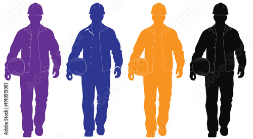 Construction worker silhouette set, male builders wearing safety helmets, standing pose, contractor figure vector, labor workforce icon, black engineering worker illustration for industrial use .