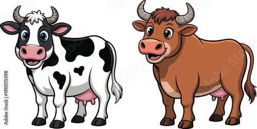 Cute cartoon dairy cows illustration, black and brown farm cattle characters isolated on white background for kids design