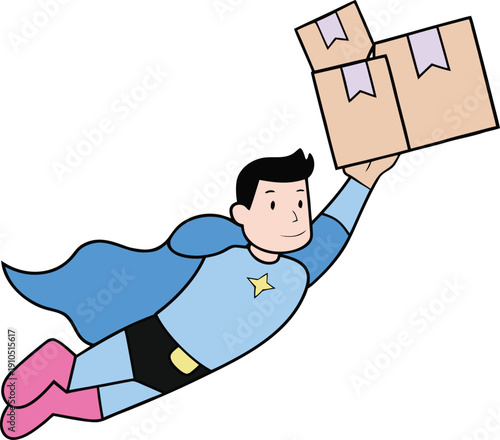 Pixel superhero flying with cyber monday shopping boxes