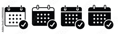 Set of four black and white calendar icons with checkmarks, symbolizing confirmed dates, completed tasks, or scheduled events. Perfect for UI, apps, reminders, and productivity design.