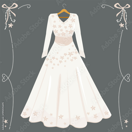 Pretty white wedding dress decorated with flowers on a hanger. Beautiful bridal elegant gown for reception, stylish background with ribbons and pearls. Vector illustration