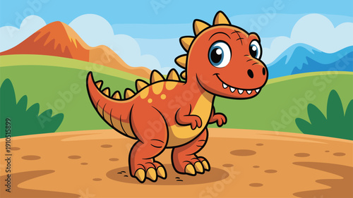 Cute cartoon dinosaur illustration, happy T Rex character in prehistoric landscape background for kids education design use