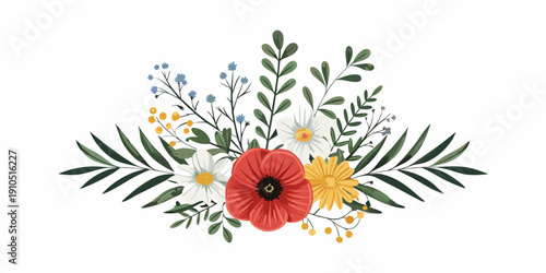 A colorful floral arrangement featuring poppies daisies and delicate greenery