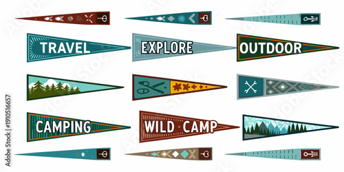 Collection of colorful pennant banners with travel and outdoor themes