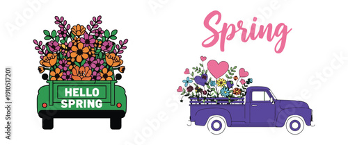 A colorful illustration of two trucks filled with flowers for spring
