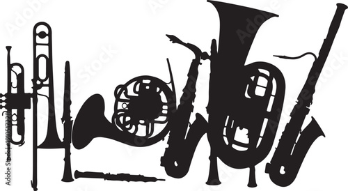 A collection of black and white vector icons depicting various musical instruments and marching band related items.