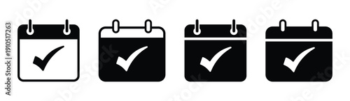 Set of black and white calendar icons with checkmarks, symbolizing completed tasks, scheduled events, productivity, and organization. Ideal for UI design, business planning, and time management visual