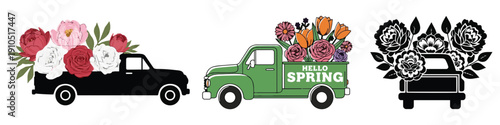 A set of three truck illustrations with flowers in the back for spring