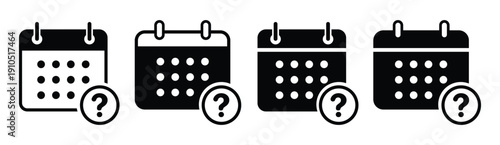 Black and white calendar icons with question mark symbols, representing uncertain dates, pending events, or scheduling queries. Ideal for UI design, reminders, planning apps, and productivity visuals.