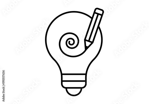 Bombilla lineal con un lápiz dibujando una espiral de creatividad en su interior
