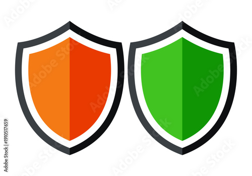 Dos escudos de seguridad en colores naranja y verde con borde negro 