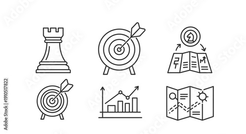 Business Strategy Icons Set with Targets and Charts.