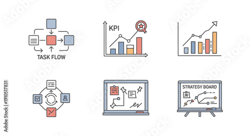 Business Strategy Icons and Graphs on Whiteboard.
