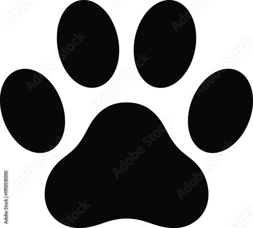 Animal paw print silhouette vector illustration, black icon with four toe pads and central pad, pet care, veterinary design concept