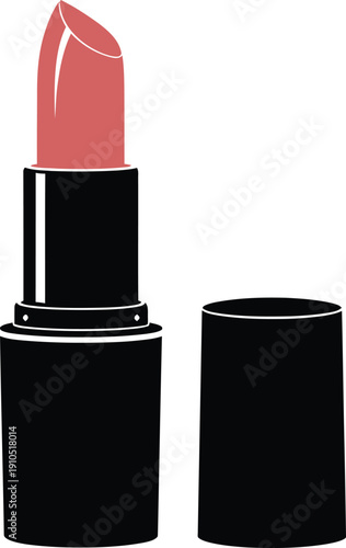 Pink lipstick icon with black tube and cap isolated on white background for beauty salon cosmetics branding fashion and makeup