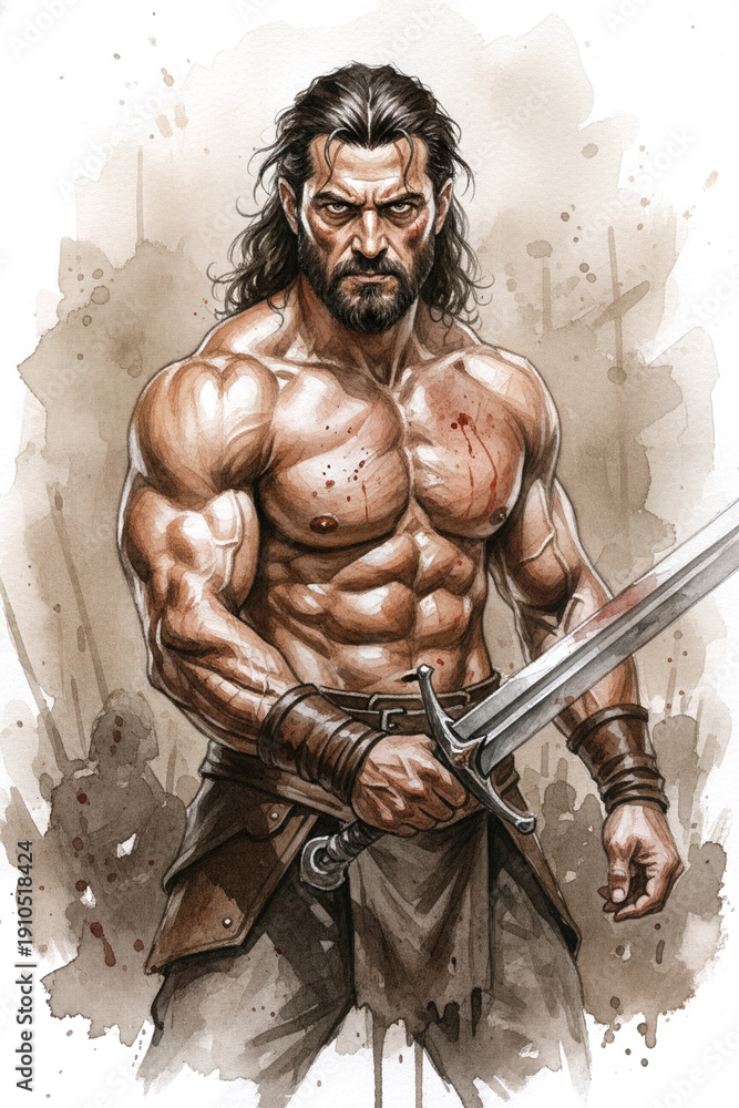 Obraz premium Muscular warrior stands ready with sword, showcasing battle-worn strength and determination.