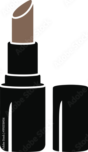 Brown lipstick icon with black tube and open cap isolated on white background for beauty salon cosmetics branding and fashion