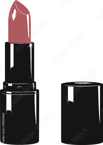 Shiny pink lipstick icon with black tube and cap isolated on white background for beauty salon cosmetics branding fashion makeup