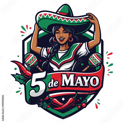 Cinco de Mayo Celebration Vector Illustration with Mexican Woman in Sombrero Holding Maracas