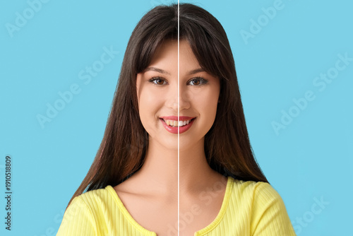 Smiling young woman on blue...
