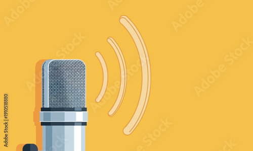 A professional condenser microphone set against a vibrant yellow background. The image features stylized sound wave arcs radiating from the side, suggesting a broadcast or recording in progress. The s