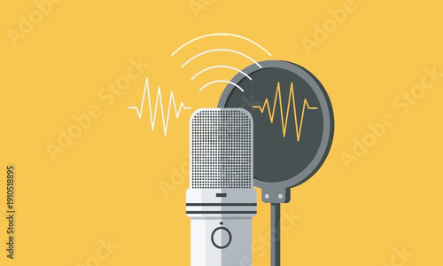 A detailed flat-style illustration of a studio microphone equipped with a circular black pop filter. The background is a solid yellow, accented by white and yellow zigzag audio waveforms and signal 