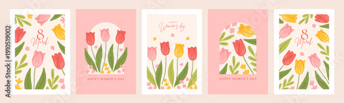 Happy Women's Day beautiful spring card set with flowers. International Women's Day posters with hand drawn tulips red, pink, yellow colors, floral frames. Vector template for holiday banner, cover.