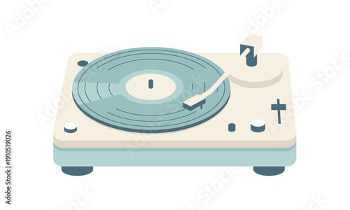 An isometric-style illustration of a vintage vinyl record player or turntable. The design is minimalist, using a soft cream and mint green color palette. A vinyl record is placed on the platter with t