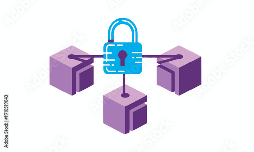 A conceptual illustration representing digital security and blockchain technology. A bright blue padlock sits in the center, physically connected by lines to three purple 3D cubes, symbolizing a decen