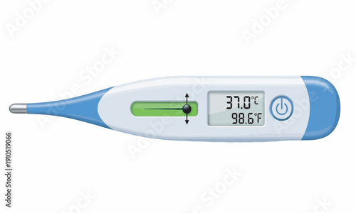 A professional illustration of a modern digital medical thermometer. The screen displays a normal body temperature of $37.0^\circ\text{C}$ and $98.6^\circ\text{F}$. It features a blue and white body w