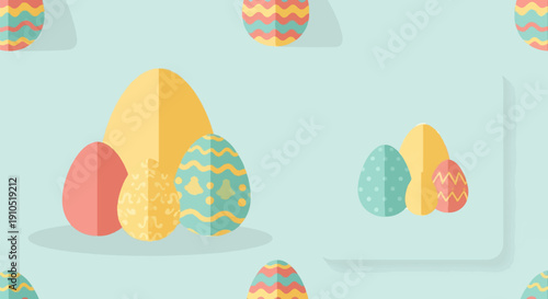 Flat design Easter eggs in pastel colors repeat across a soft blue background