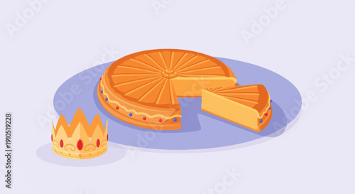 Flat illustration of a sliced cake with a crown, celebratory treat