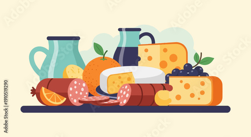 Flat design illustration of a cheese and charcuterie platter with fruit and drinks