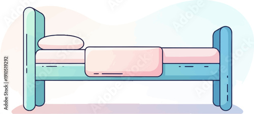 Flat illustration of a twin bed with pastel bedding and a pillow