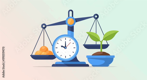 Flat design illustration of a scale balancing a plant and fruit