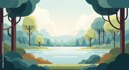 Flat design illustration of a serene lake surrounded by stylized trees and distant mountains