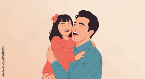 Father and daughter embracing, both laughing heartily