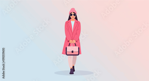 Fashionable woman in pink coat and hat holding a purse