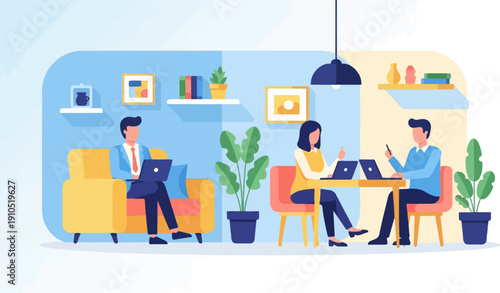 Flat design illustration of people working on laptops in a modern office space