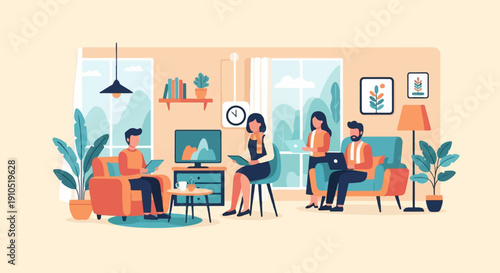 Flat design illustration of people working remotely in a cozy living room