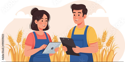 Farmers in a wheat field reviewing data on digital tablet and clipboard