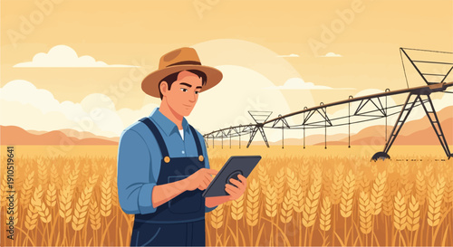 Farmer with tablet in wheat field, automated irrigation system